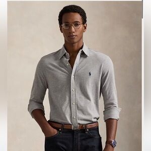 Ralph Lauren Men's Knit 100% Cotton Mesh Shirt | Gray Button Down Shirt | Size S